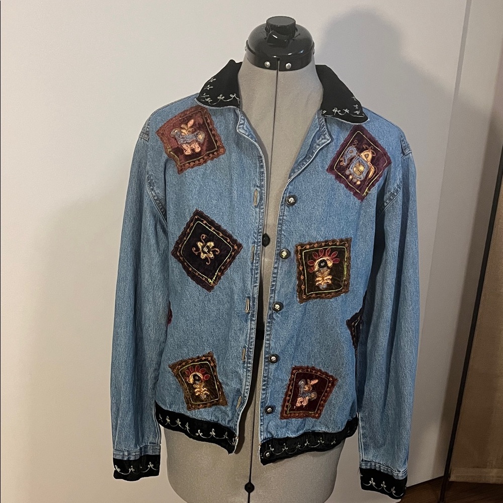 Studio West Light Blue Denim Embroidered Bomber Jacket with Black Trim